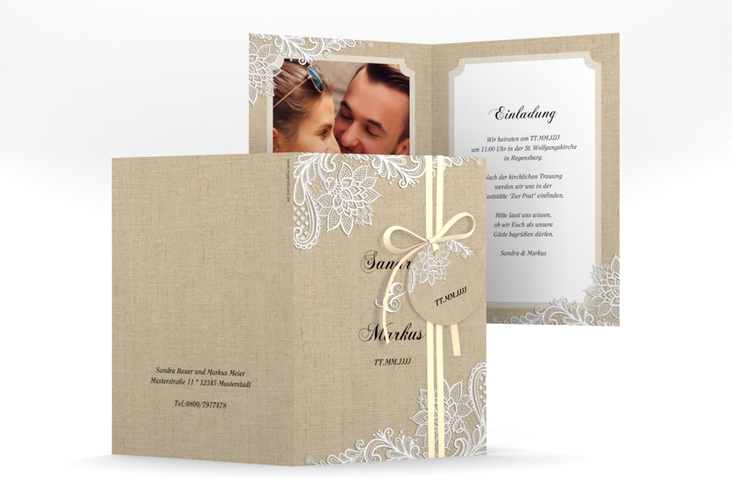 Einladungskarte Hochzeit Lace A6 Klappkarte hoch beige in Leinen-Optik mit weißer Spitze