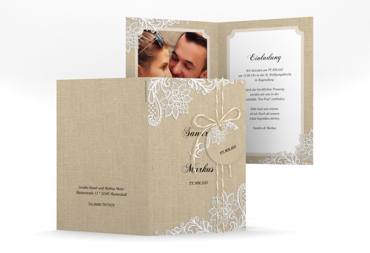 Einladungskarte Hochzeit Lace A6 Klappkarte hoch beige in Leinen-Optik mit weißer Spitze