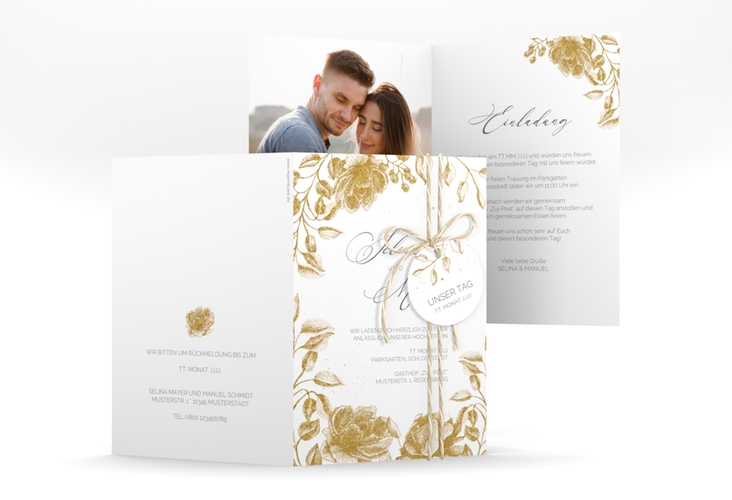 Einladungskarte Hochzeit "Blattgold" A6 Klappkarte hoch gold