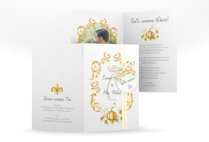 Einladungskarte Hochzeit Märchenhaft A6 Klappkarte hoch gold hochglanz