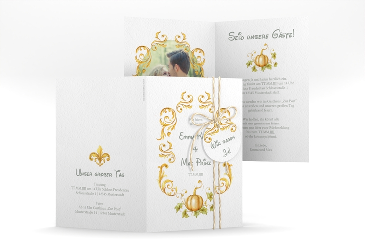 Einladungskarte Hochzeit Märchenhaft A6 Klappkarte hoch gold hochglanz