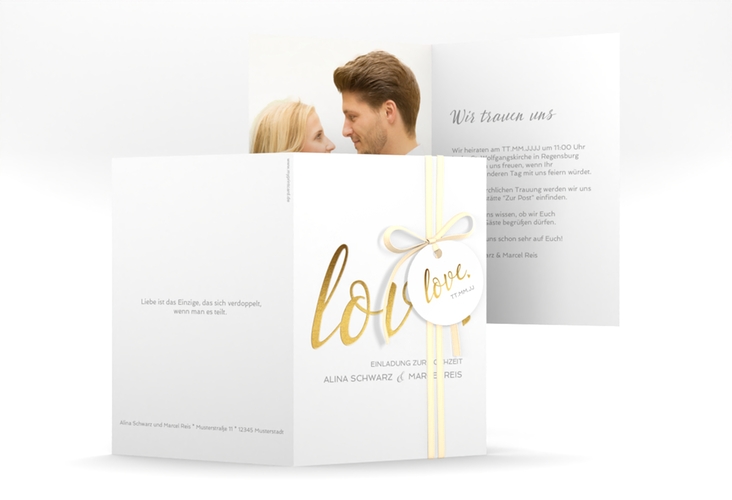 Einladungskarte Hochzeit Glam A6 Klappkarte hoch weiss hochglanz
