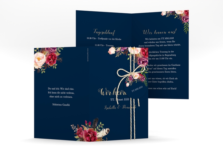 Einladungskarte Hochzeit Flowers A6 Klappkarte hoch blau mit bunten Aquarell-Blumen