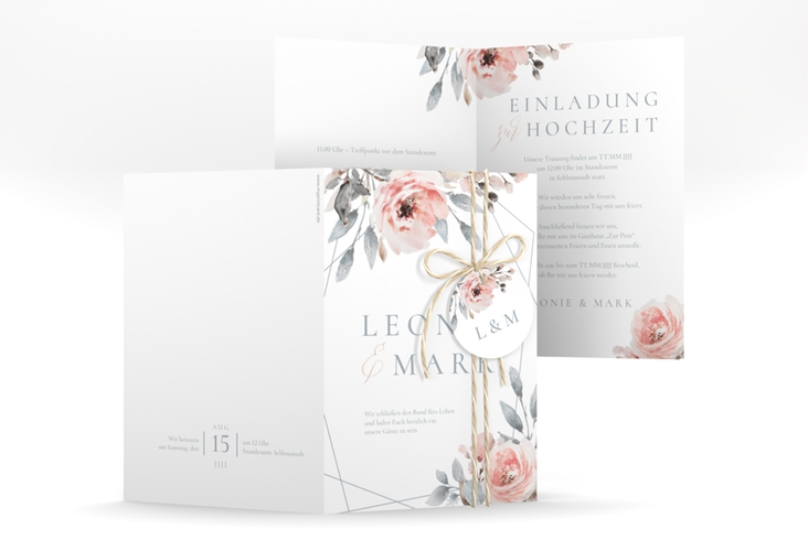 Einladungskarte Hochzeit Perfection A6 Klappkarte hoch weiss mit rosa Rosen