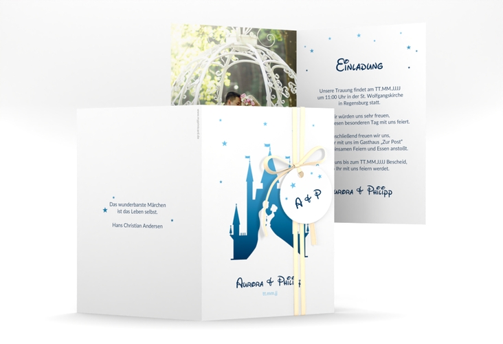 Einladungskarte Hochzeit Castle A6 Klappkarte hoch blau hochglanz