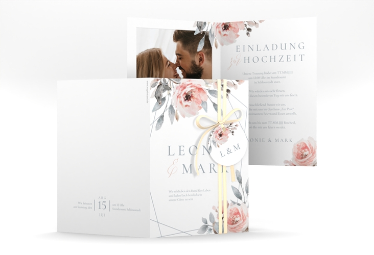 Einladungskarte Hochzeit Perfection A6 Klappkarte hoch weiss hochglanz mit rosa Rosen