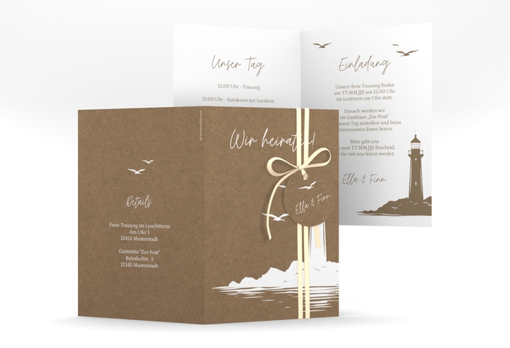 Einladungskarte Hochzeit Leuchtturm A6 Klappkarte hoch Kraftpapier