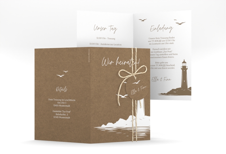 Einladungskarte Hochzeit Leuchtturm A6 Klappkarte hoch Kraftpapier