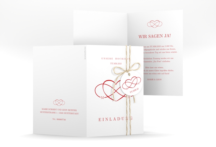 Einladungskarte Hochzeit Infinity A6 Klappkarte hoch rot hochglanz
