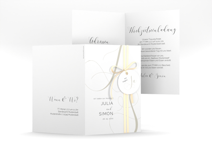 Hochzeitseinladung Eheschließung A6 Klappkarte hoch weiss hochglanz mit Gräsern und Trockenblumen für Boho-Hochzeit