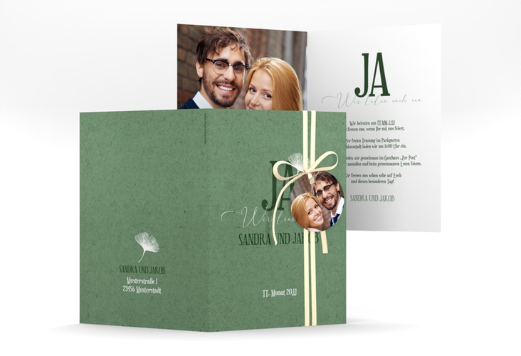 Einladungskarte Hochzeit Ja A6 Klappkarte hoch mit Ginkgo-Blatt