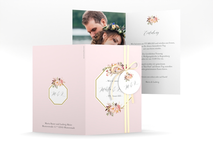 Einladungskarte Hochzeit Prachtvoll A6 Klappkarte hoch rosa hochglanz