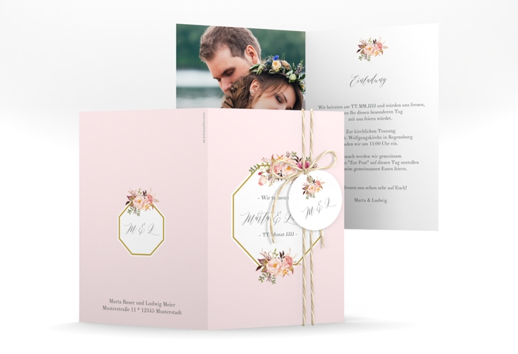 Einladungskarte Hochzeit Prachtvoll A6 Klappkarte hoch rosa hochglanz