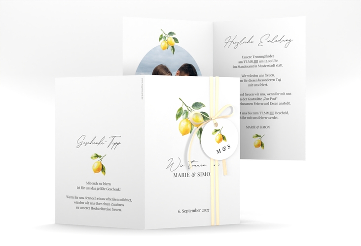 Einladungskarte Hochzeit Zitronen A6 Klappkarte hoch weiss für mediterrane Zitrushochzeit