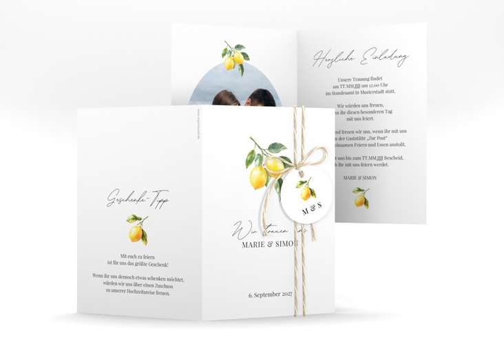 Einladungskarte Hochzeit Zitronen A6 Klappkarte hoch weiss für mediterrane Zitrushochzeit