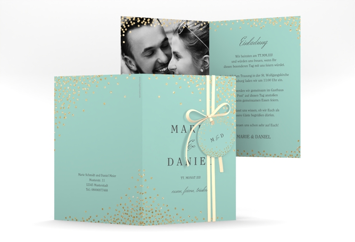 Einladungskarte Hochzeit Glitter A6 Klappkarte hoch mint hochglanz