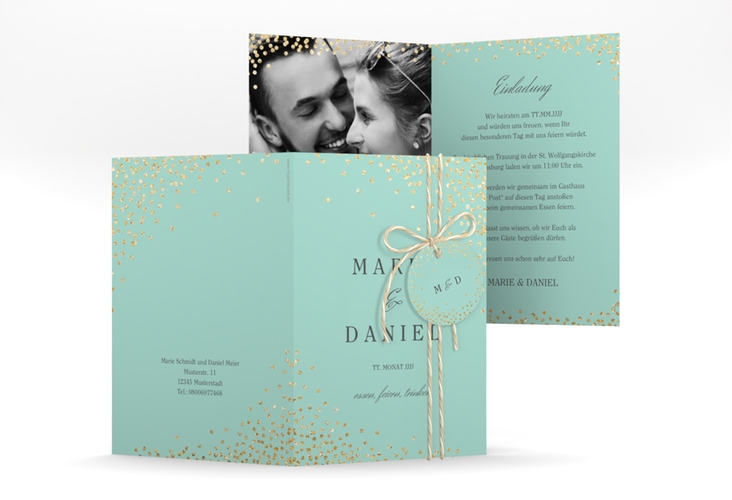 Einladungskarte Hochzeit Glitter A6 Klappkarte hoch mint hochglanz