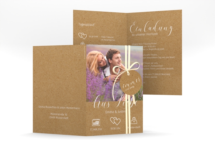 Einladungskarte Hochzeit Timetable A6 Klappkarte hoch Kraftpapier