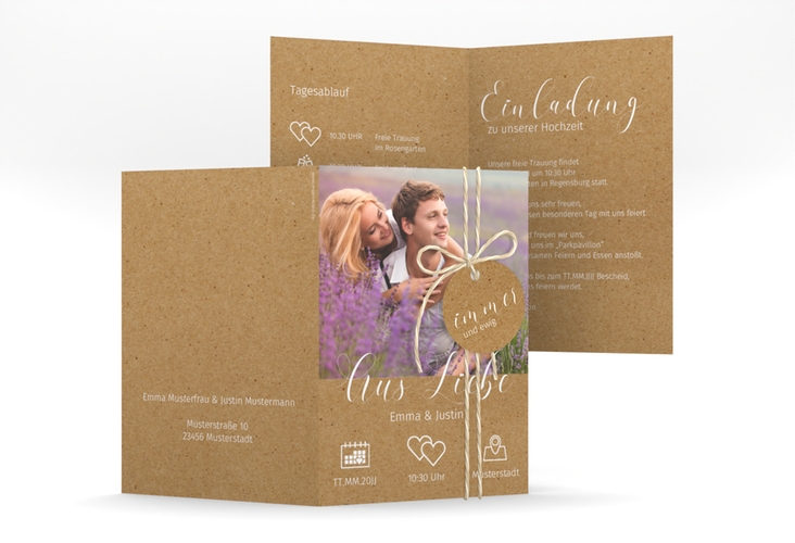 Einladungskarte Hochzeit Timetable A6 Klappkarte hoch Kraftpapier