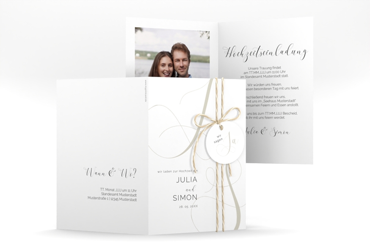 Hochzeitseinladung Eheschließung A6 Klappkarte hoch weiss hochglanz mit Gräsern und Trockenblumen für Boho-Hochzeit