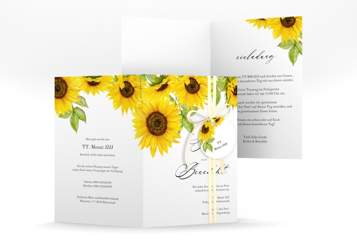 Einladungskarte Hochzeit Sonnenblume A6 Klappkarte hoch mit Blüten in Gelb