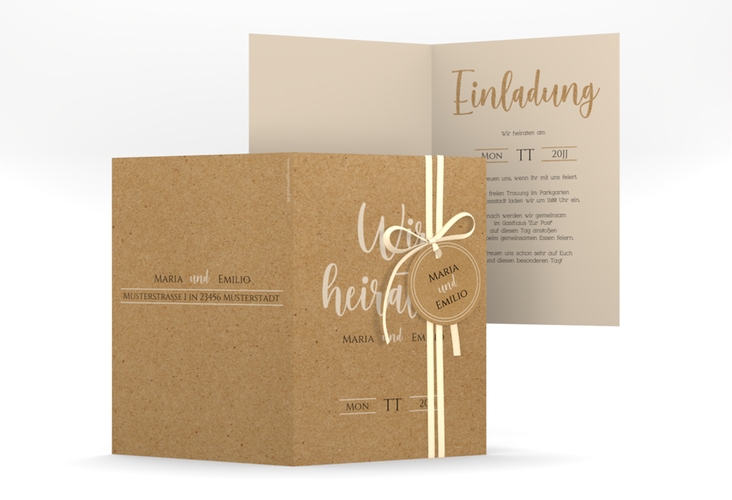 Einladungskarte Hochzeit Noble A6 Klappkarte hoch Kraftpapier hochglanz mit elegantem Schriftzug