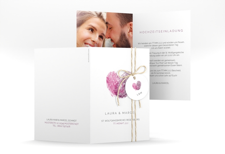 Einladungskarte Hochzeit Fingerprint A6 Klappkarte hoch schlicht mit Fingerabdruck-Motiv