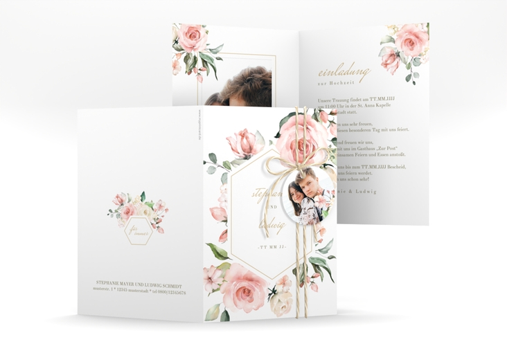 Einladungskarte Hochzeit Graceful A6 Klappkarte hoch weiss mit Rosenblüten in Rosa und Weiß
