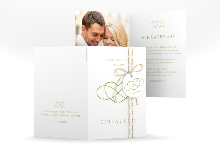 Einladungskarte Hochzeit Infinity A6 Klappkarte hoch gruen hochglanz
