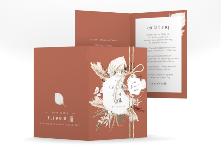 Einladungskarte Hochzeit Bohemian A6 Klappkarte hoch orange mit Gräsern und Trockenblumen für Boho-Hochzeit