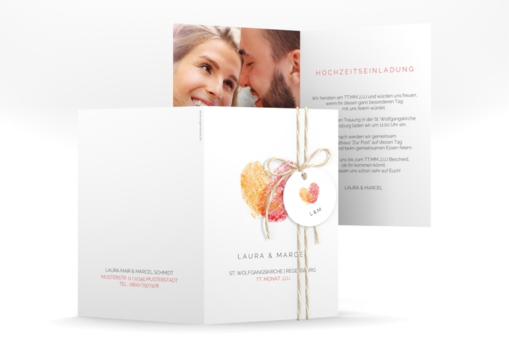 Einladungskarte Hochzeit Fingerprint A6 Klappkarte hoch rot schlicht mit Fingerabdruck-Motiv
