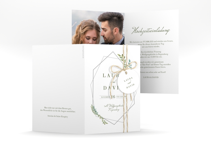 Einladungskarte Hochzeit Herbarium A6 Klappkarte hoch grau mit geometrischem Rahmen und Blätter-Dekor