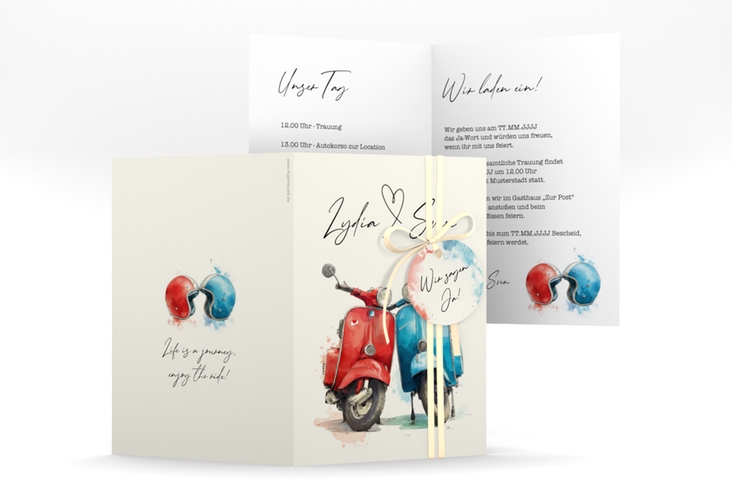Einladungskarte Hochzeit Retro Roller A6 Klappkarte hoch mit zwei aneinander gelehnten Motorrollern