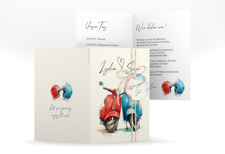 Einladungskarte Hochzeit Retro Roller A6 Klappkarte hoch mit zwei aneinander gelehnten Motorrollern