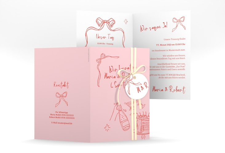 Einladungskarte Hochzeit Doodle A6 Klappkarte hoch rosa