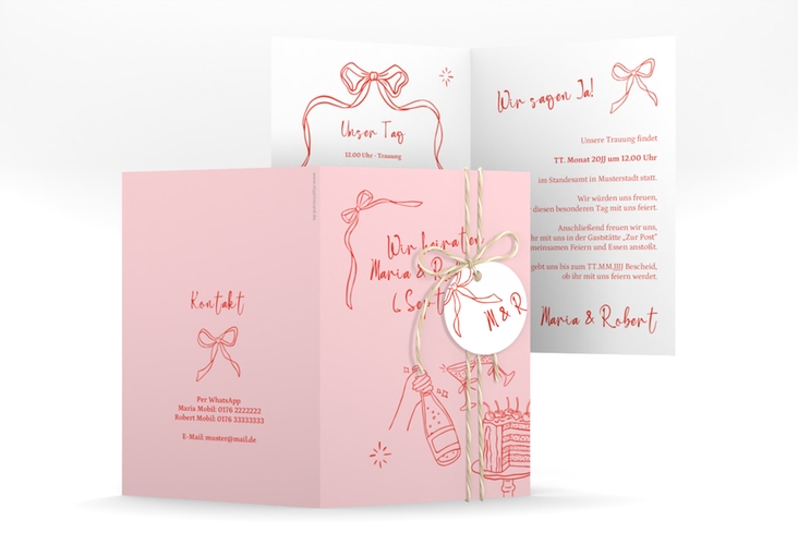 Einladungskarte Hochzeit Doodle A6 Klappkarte hoch rosa