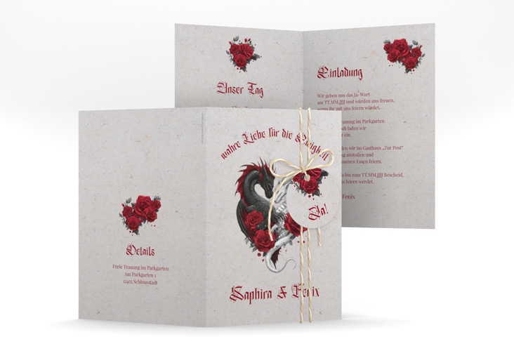 Einladungskarte Hochzeit Drachenliebe A6 Klappkarte hoch grau mit schwarzem und weißem Drachen zu einem Herz verschlungen