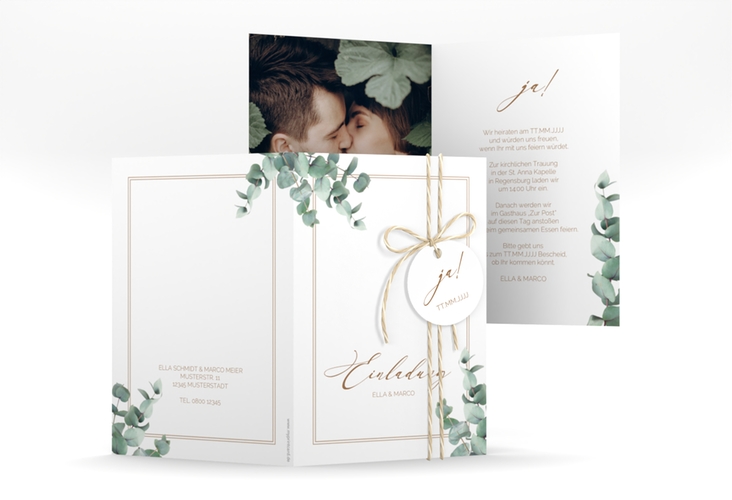 Einladungskarte Hochzeit "Eucalypt" A6 Klappkarte hoch hochglanz mit Eukalyptus und edlem Rahmen