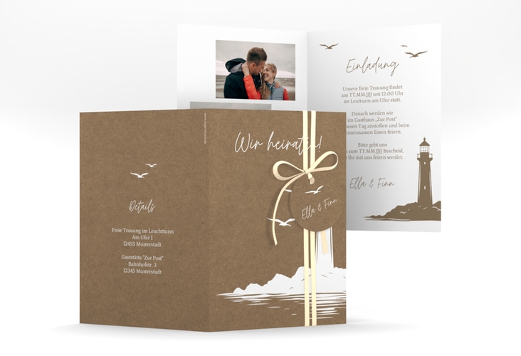 Einladungskarte Hochzeit Leuchtturm A6 Klappkarte hoch Kraftpapier