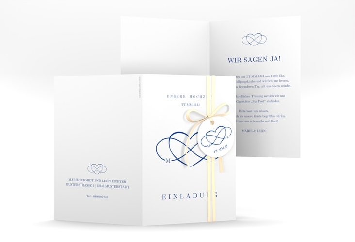 Einladungskarte Hochzeit Infinity A6 Klappkarte hoch blau hochglanz