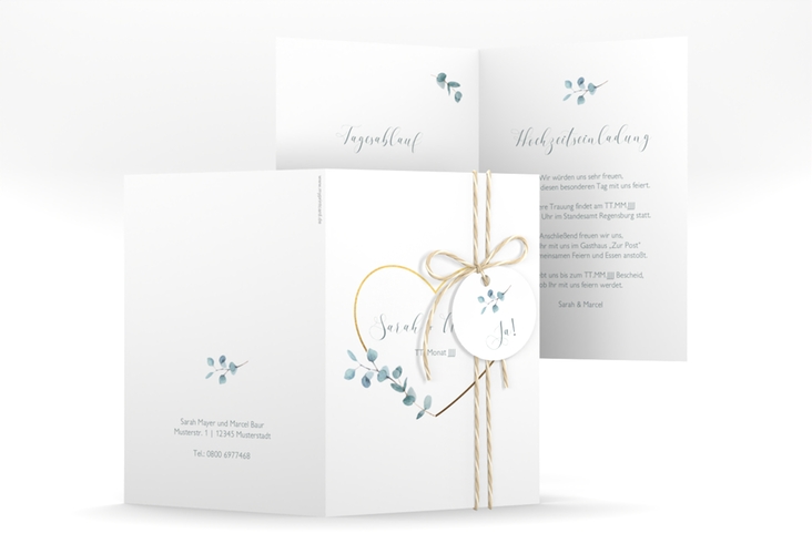 Einladungskarte Hochzeit Greenheart A6 Klappkarte hoch hochglanz mit elegantem Herz und Eukalyptus-Zweig