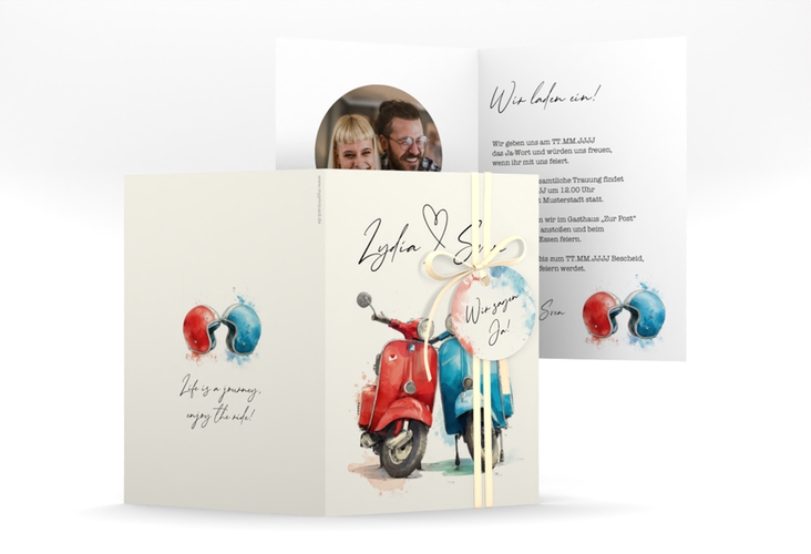 Einladungskarte Hochzeit Retro Roller A6 Klappkarte hoch mit zwei aneinander gelehnten Motorrollern