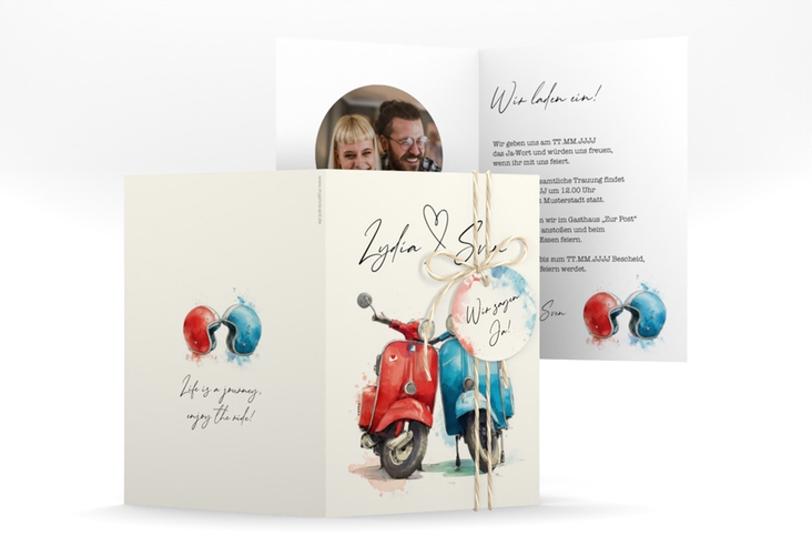 Einladungskarte Hochzeit Retro Roller A6 Klappkarte hoch mit zwei aneinander gelehnten Motorrollern