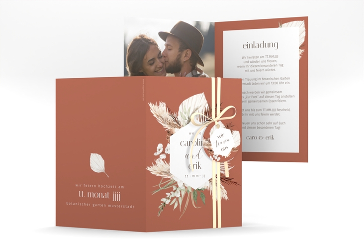 Einladungskarte Hochzeit Bohemian A6 Klappkarte hoch orange mit Gräsern und Trockenblumen für Boho-Hochzeit