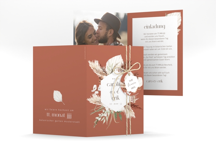 Einladungskarte Hochzeit Bohemian A6 Klappkarte hoch orange mit Gräsern und Trockenblumen für Boho-Hochzeit
