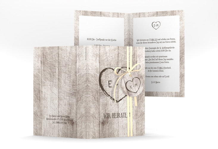 Einladungskarte Hochzeit Wood A6 Klappkarte hoch weiss hochglanz