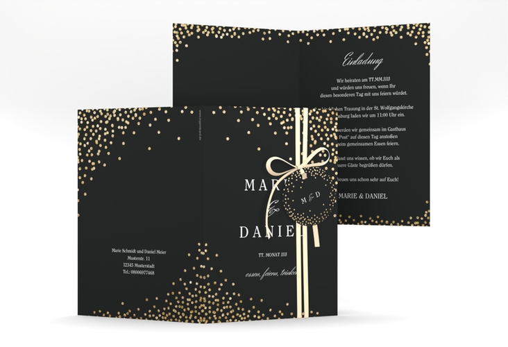 Einladungskarte Hochzeit Glitter A6 Klappkarte hoch schwarz hochglanz