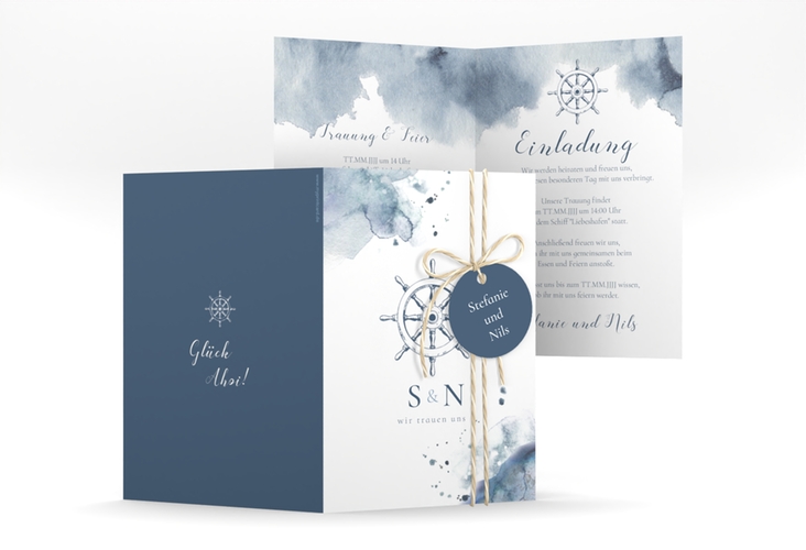 Einladungskarte Hochzeit Steuerrad A6 Klappkarte hoch in maritimen Blautönen