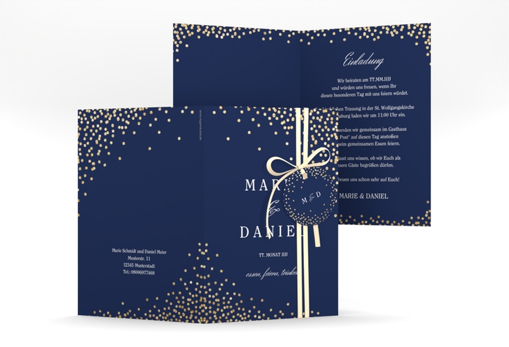 Einladungskarte Hochzeit Glitter A6 Klappkarte hoch blau hochglanz
