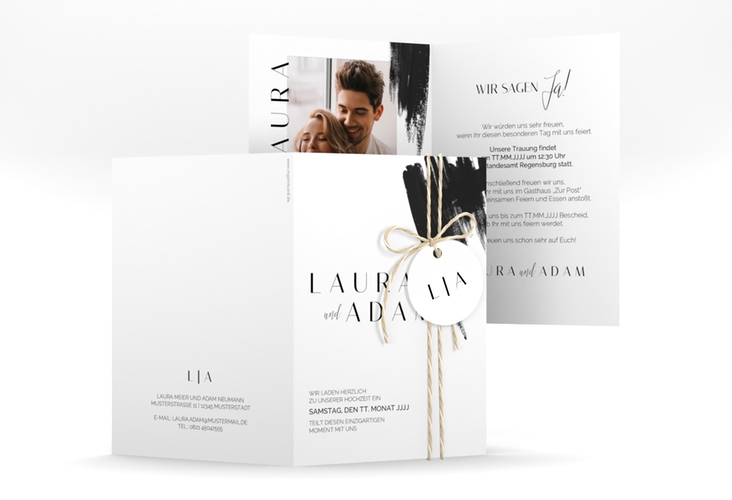 Einladungskarte Hochzeit Brush A6 Klappkarte hoch schwarz hochglanz